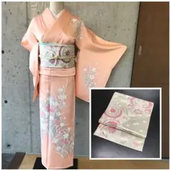 【帯サービス】正絹　訪問着　袷　花柄　小さめサイズ