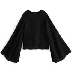 楊柳シフォンフレアスリーブスリットトップス[fo1712]黒 ブラック