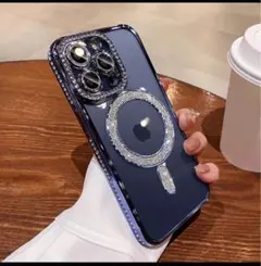 iPhone16 ケース 青 ストーン装飾 MagSafe付