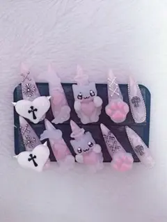 ❤︎現品❤︎ 量産 地雷 ゴテゴテ 平成女児 ゆるふわ ぴんく ロングネイル 76番