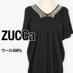【美品】ZUCCa ウール100% パール装飾Vネックニットチュニック ブラック