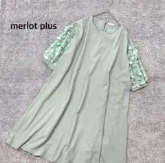 ＝【メルロープリュス】袖フラワーシースルーワンピースひざ丈 ライトグリーン