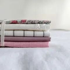 チェックアンドストライプ他ピンク系生地はぎれ5種類セット 刺繍あり