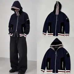 00s ダブルジップ バラクラバ 忍者パーカー ベロア 切替 Tech y2k