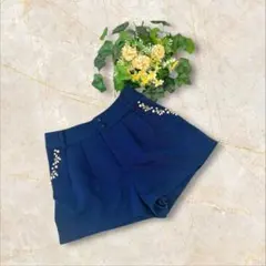 ワンウェイ　ショートパンツ　フリーサイズ　ネイビー　ビジュー付き　ウエストゴム