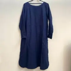 sunny clouds麻混コットン紺長袖ワンピース