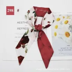 リボンスカーフ バッグスカーフ　薔薇　バラ　レッド　英字　リボン スカーフ