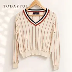 TODAYFUL 長袖 クロップド ニット Vネック ストライプ ベージュ