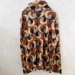 レトロ 幾何学模様 タートルネック カットソー 【M-L】茶系 総柄