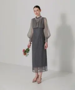 【M】Leja パールネックパフスリーブボレロ格子レース　ワンピース ドレス