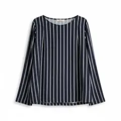 美品 大きいサイズLLストライプ ブラウス 紺 ネイビー 伸縮性◎