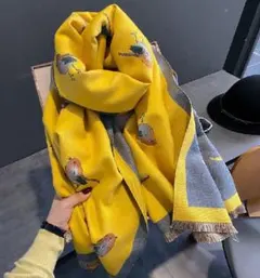 24H以内発送★暖かカシミヤ混小鳥柄リバーシブル大判ストールマフラー343YEL