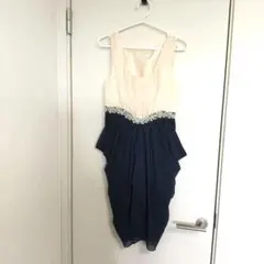 パール装飾 アイボリー ネイビー シフォン ドレス パーティー 結婚式