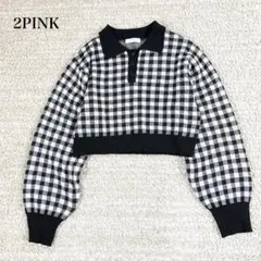 ツーピンク ポロニット ぽわん袖 クロップド丈 ギンガムチェック柄 ガーリーのサムネイル