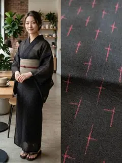 小紋 夏着物 黒地 十字絣 レトロ アンティークのサムネイル