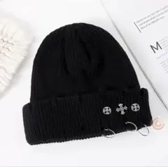 帽子　ニット帽　メンズ　レディース　ストリート　ヒップホップ　十字架　リング　黒