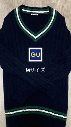 GU ケーブルニット Vネック セーター ネイビー M
