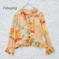 Fsbuying ブラウス 長袖 フリル 透け感 総柄 絹100% M~L