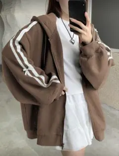 SHEIN リボン付きルーズ フィットフード付きジップアップ パーカー Sサイズ