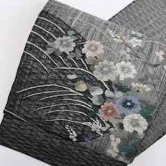 【夏【袋帯】波に花模様 黒色 略礼装 和装着物 正絹 付下げ訪問着に＊2FB4 夏【袋帯】波に花模様 黒色 略礼装 和装着物 正絹 付下げ訪問着に