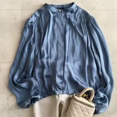 美品 セオリー シルク100% バンドカラー ブラウス◆ブルー
