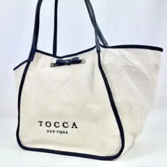 美品✨TOCCA キャンバス×レザー リボン トートバッグ 白×黒 デカロゴのサムネイル