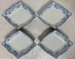 有田焼　菱形小鉢　青い花柄　四角皿　洋唐草 4個セット
