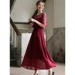 【残り1点】ドレス+ XXL ワインレッド レース フリル ワンピース ロング