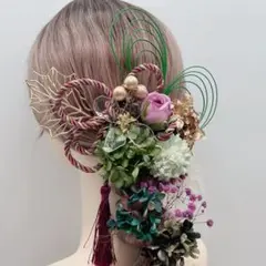 ディップアート　髪飾り　成人式　卒業式 結婚式　緑　パープル　ゴールド　紫　水引