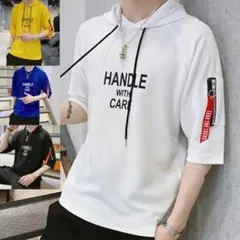 夏服 メンズ Tシャツ 半袖 無地 七分袖 パーカー カットソートップス フード