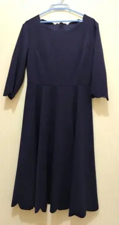 SHEIN シーイン ネイビースカラップヘム フレアワンピース 七分袖 L