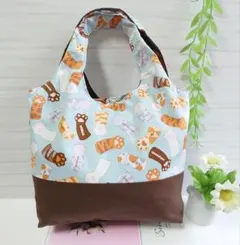小さなトートバッグ ネコちゃんのお手々♪ブルー お散歩やお買い物に！