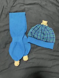 ファミリア　帽子　マフラー　セット　チェック　ブルー