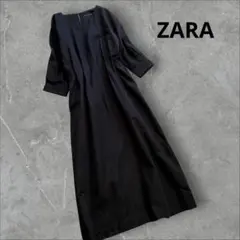美品！　ZARA コットンリネン　ウエストタック　ワンピース　BLACK