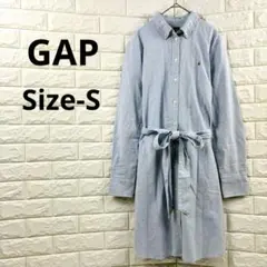 ギャップGAP ブラナンベア刺繍 シャツワンピース 水色 ウエストリボン ベルト