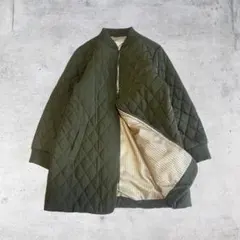 vintage キルティングジャケット 裏地ストライプ オリーブ L ノーカラー