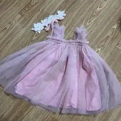 ピンク フリル付きチュールベビードレス　１歳