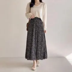 【美品】レイカズン 小花柄 ロングスカート F 黒 花柄 ウエストゴム#6のサムネイル