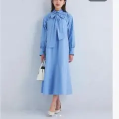 美品グリーンレーベルリラクシング2WAYボウタイティアードワンピース ブルー F