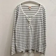 【XL】USA古着 モッシモ ボーダー ヘンリーネック ロンT グレー 白のサムネイル