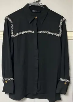 美品ZARA ブラック フラワー刺繍 長袖シャツ