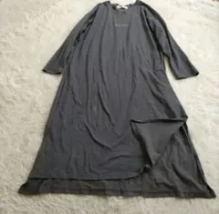 ブルーストライプ　長袖コットンワンピース　胸プリント　グレー　Мサイズ