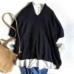 希少☆美品 45R カシミヤ100%ガンジーポンチョ ネイビー 定価3万のサムネイル