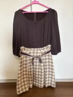 ブラウンツイード　ひざ丈リボンワンピース