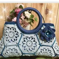 ♡手編みモチーフ水色デニムコットンニットバック　グラニースクエアバック
