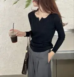 リブニット レディース 長袖 キーネック ブラック カットソー トップス 韓国