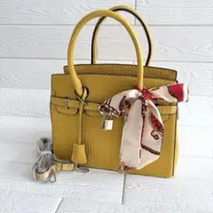 クロコダイル風 ハンドバッグ イエロー ゴールド金具 2WAY 美品