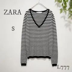 ZARA ボーダーVネックニット 長袖 白黒 S 春夏 薄手 人気のサムネイル