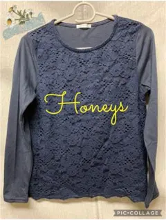 美品 ハニーズ 長袖前身レースT レーストップス S カットソー ネイビー