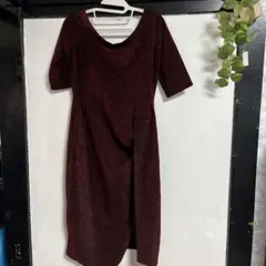 バーガンディ ラメ入り 七分袖 ワンピース